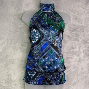 Vtg Y2K Sele Halter Top Sz M Blue Green Paisley Jeweled indie clubwear going out